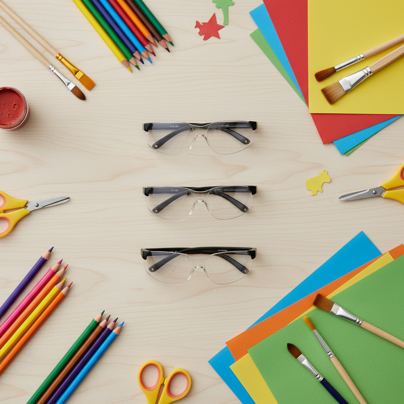 Spits Eyewear Rider Jr kids safety glasses lifestyle flat lay – clear polycarbonate lenses alongside colored pencils, paint brushes and craft supplies for children