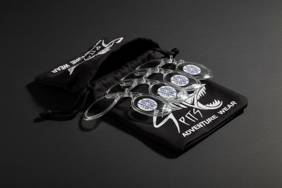 MAGshot magnifying adapter stack flat lay with Spits drawstring bag on dark matte surface