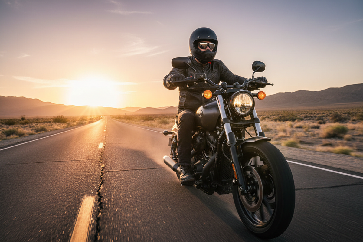 Motorcycle rider wearing Road Rash oversized foam padded sunglasses on open highway at golden hour - Spits Eyewear