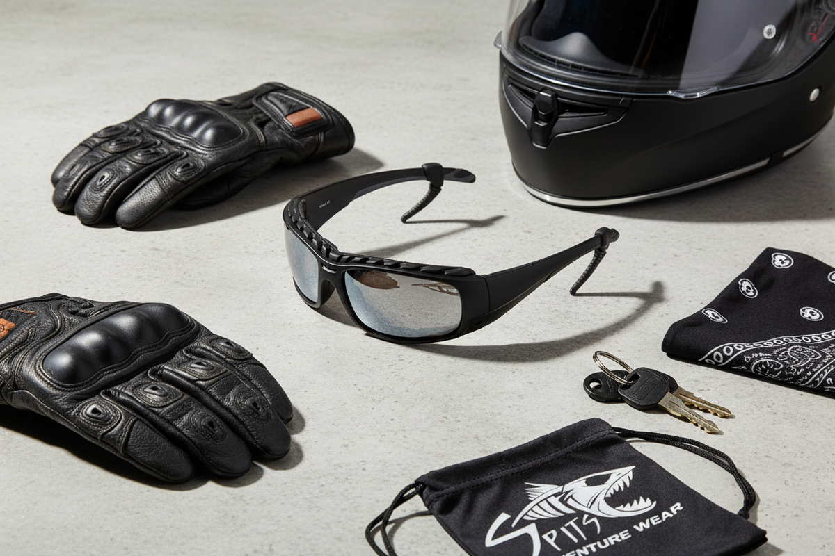 Storm removable foam padded motorcycle sunglasses flat lay with helmet, gloves, keys, bandana and Spits eyewear bag