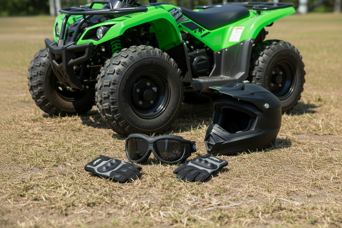 Big Ben Jr kids goggles ATV flat lay with kids helmet and gloves on dirt surface