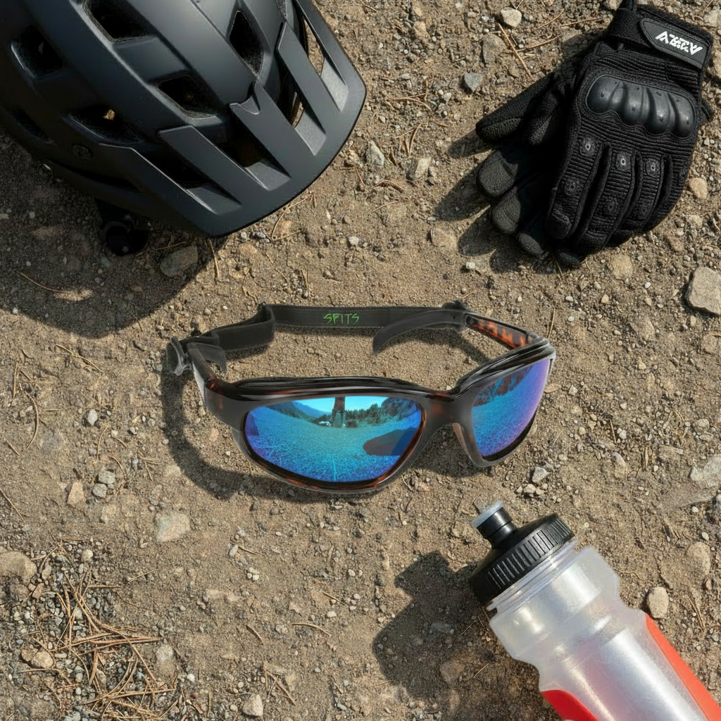 Pagos Sport wrap-around sunglasses with blue mirror lenses displayed alongside a mountain bike helmet, bike gloves, and water bottle