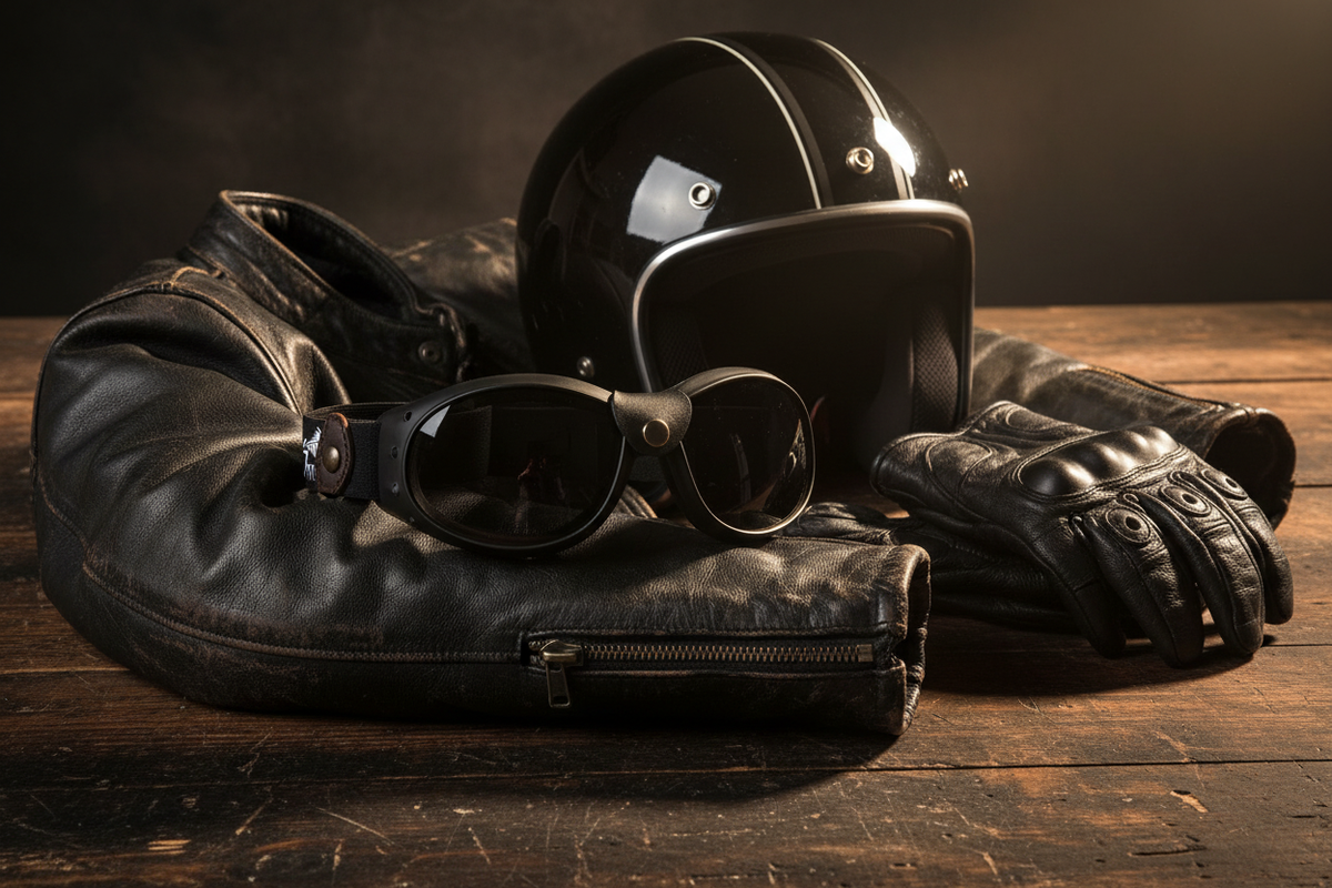 SPITS Eliminator neoprene foam goggles on a motorcycle jacket with helmet and gloves - Spits Eyewear