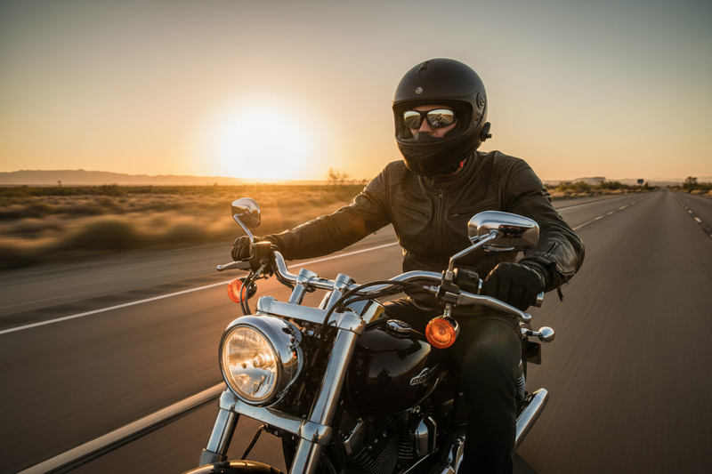 Motorcyclist wearing Arrow foam padded motorcycle sunglasses with smoke flash mirrored lenses riding on open highway at golden hour - Spits Eyewear