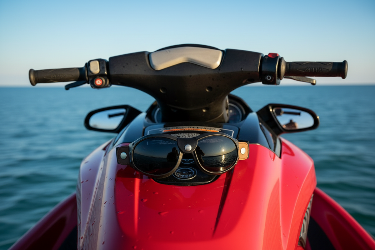 SPITS Eliminator neoprene foam goggles on a jet ski handlebar on open water - Spits Eyewear