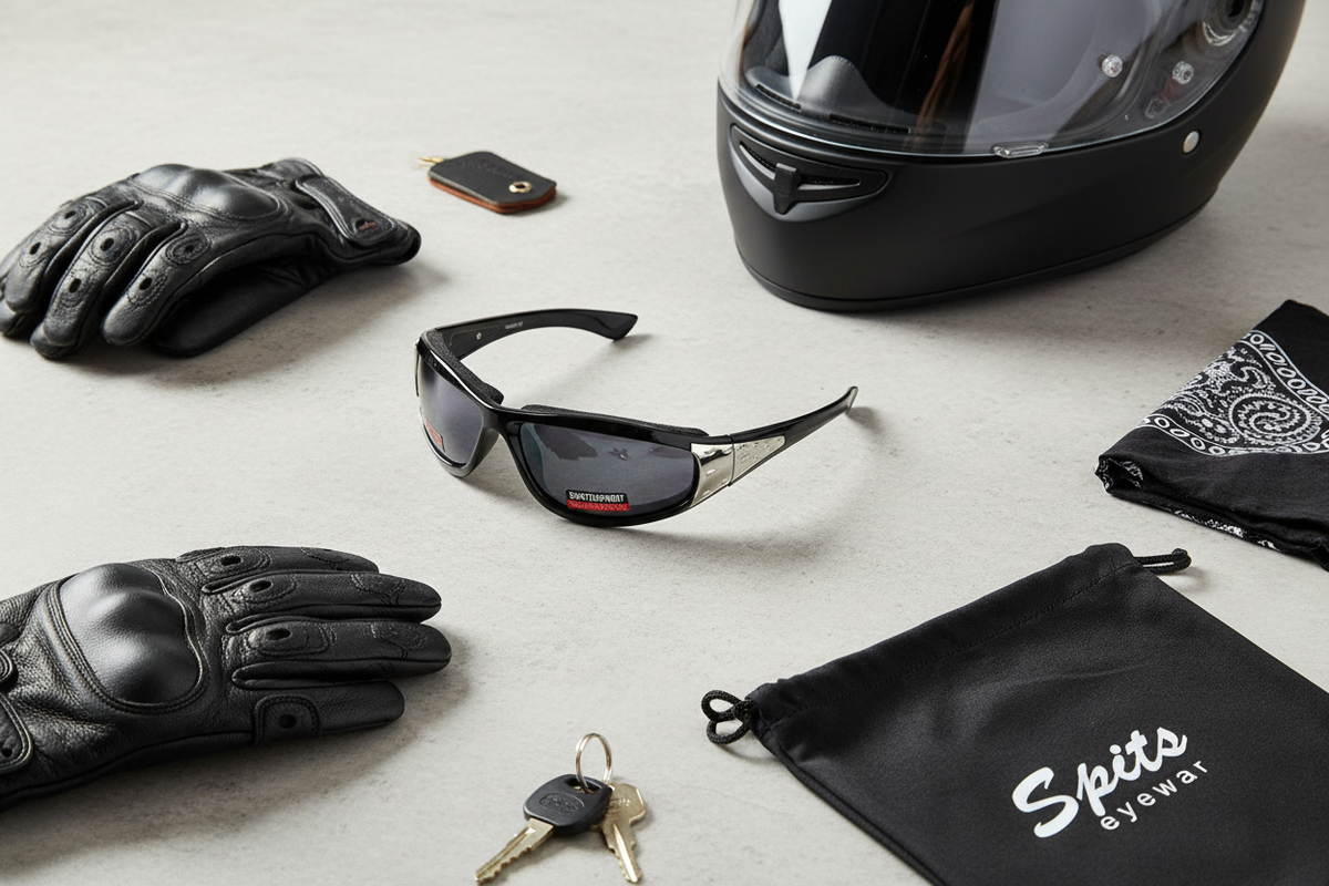 VIVA sports wrap sunglasses motorcycle accessories flat lay with helmet, gloves, keys, bandana and Spits eyewear bag