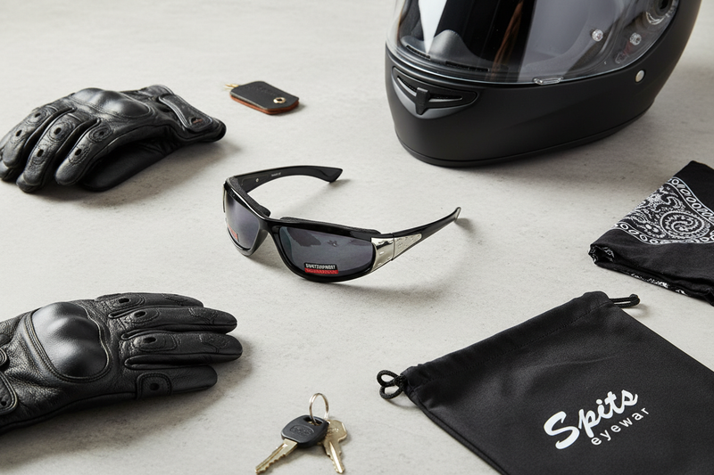 VIVA sports wrap sunglasses motorcycle accessories flat lay with helmet, gloves, keys, bandana and Spits eyewear bag