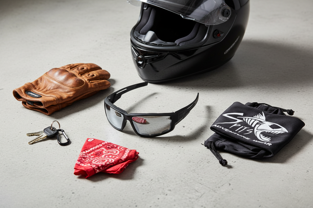 Strike foam padded sunglasses motorcycle flat lay with leather gloves, helmet, keys, bandana and Spits Adventure Wear drawstring bag