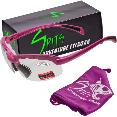 C2 pink frame bifocal safety glasses by Spits Eyewear